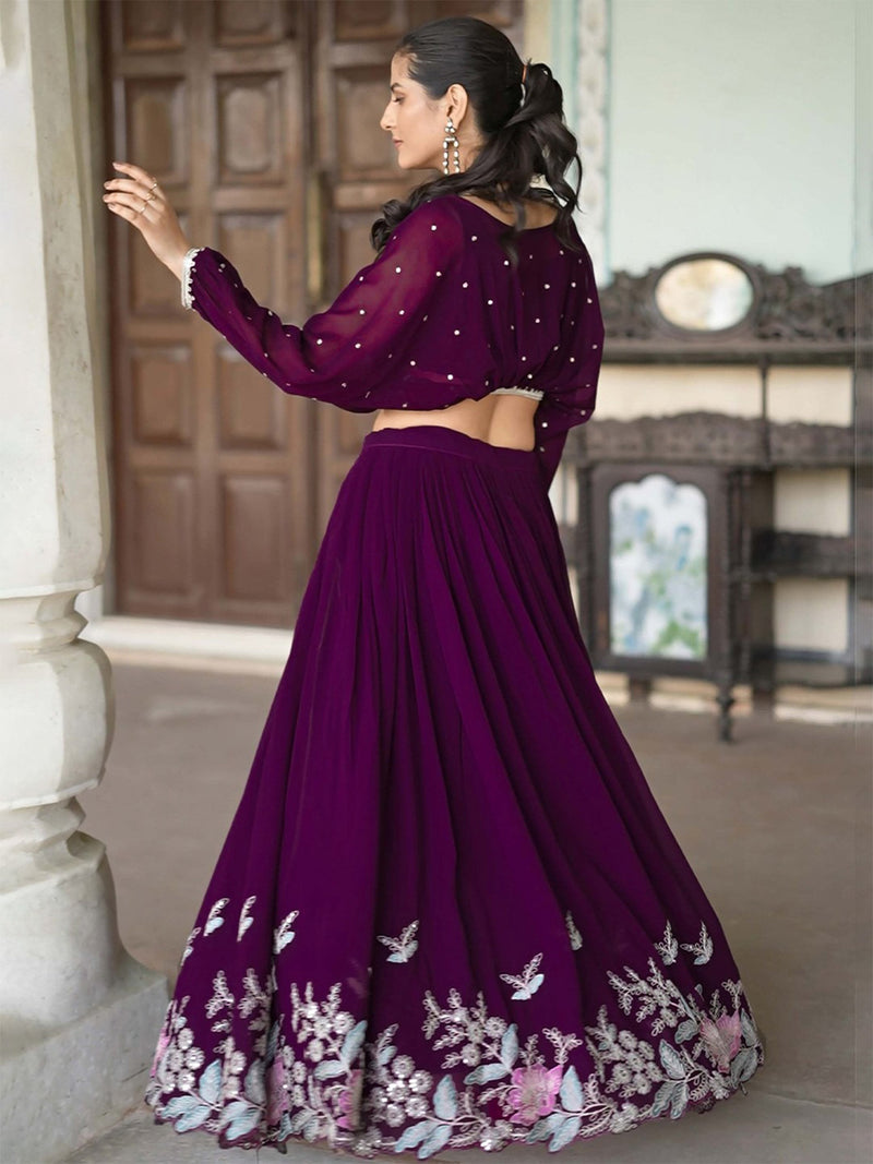 Purple Georgette Sequins Embroidery Work Crop Top SemiStitch Lehenga with Unstitch Crop Top Trendmalls