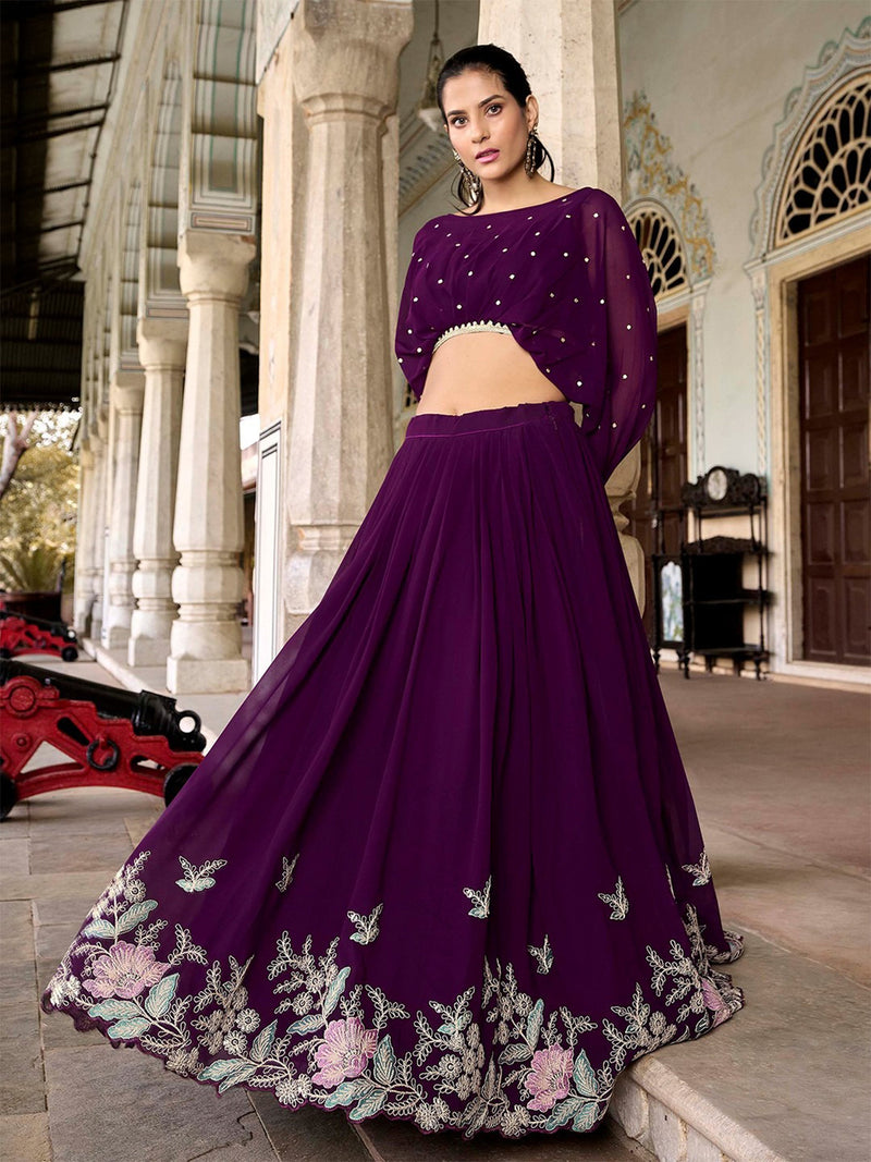 Purple Georgette Sequins Embroidery Work Crop Top SemiStitch Lehenga with Unstitch Crop Top Trendmalls