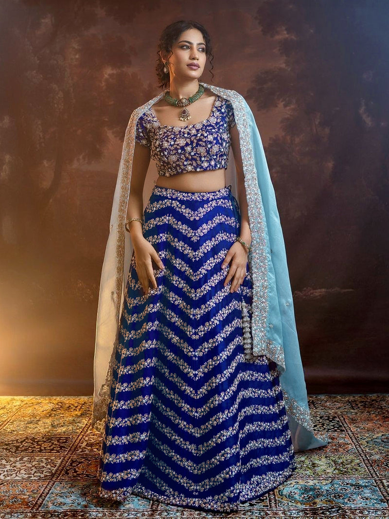 Blue Satin Sequin Embroidery Work Lehenga Choli with Dupatta Trendmalls