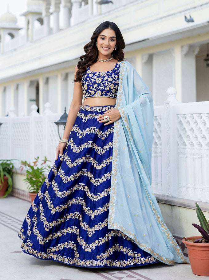 Blue Satin Sequin Embroidery Work Lehenga Choli with Dupatta Trendmalls