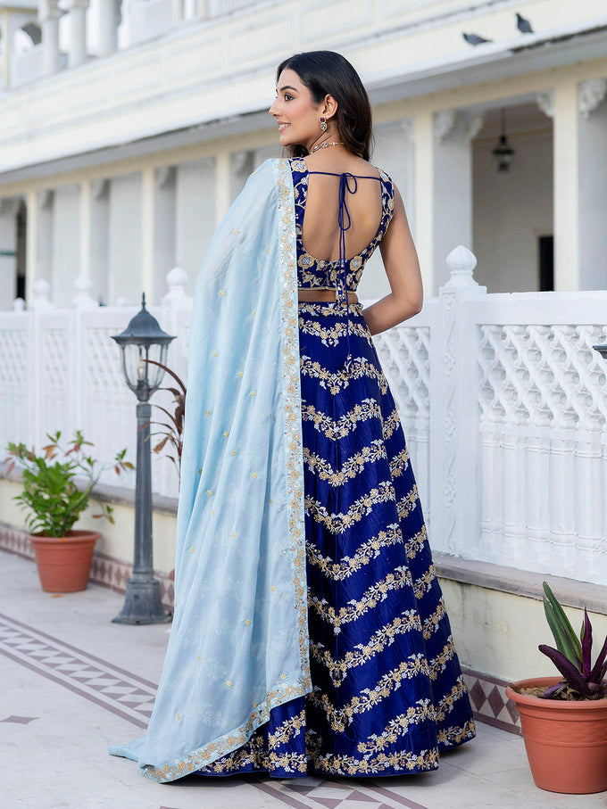 Blue Satin Sequin Embroidery Work Lehenga Choli with Dupatta Trendmalls