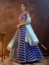 Blue Satin Sequin Embroidery Work Lehenga Choli with Dupatta Trendmalls