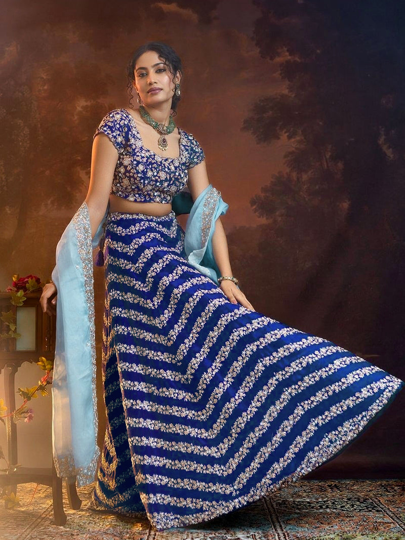Blue Satin Sequin Embroidery Work Lehenga Choli with Dupatta Trendmalls