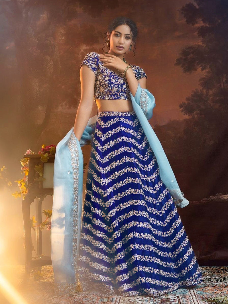 Blue Satin Sequin Embroidery Work Lehenga Choli with Dupatta Trendmalls