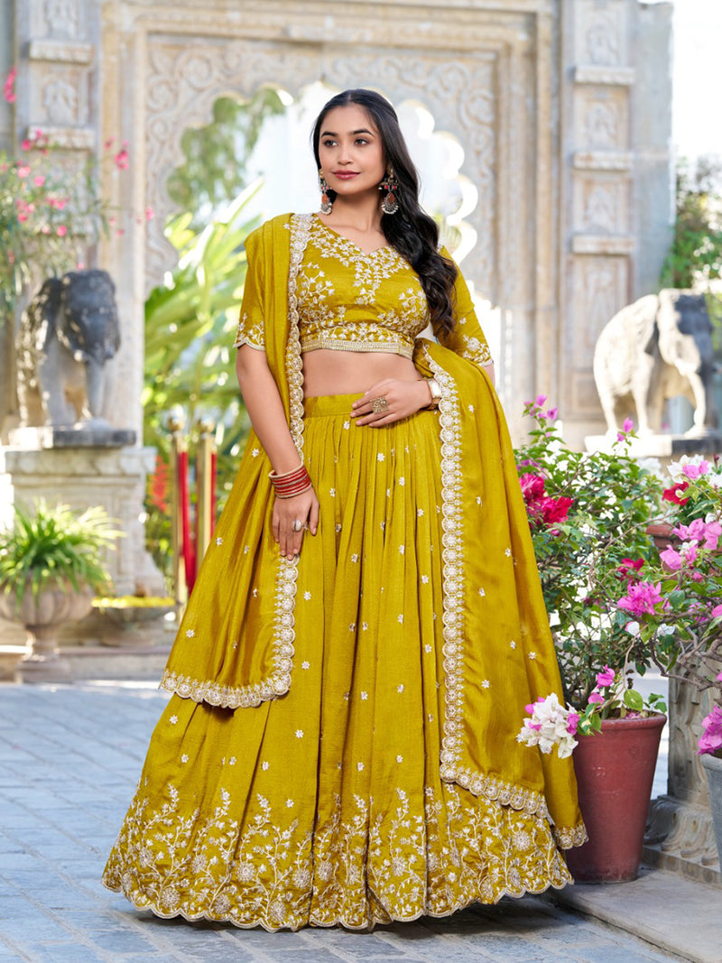 Art Silk Embroidery Work Lehenga Choli with Dupatta | Bridal Haldi Lehenga Choli for women