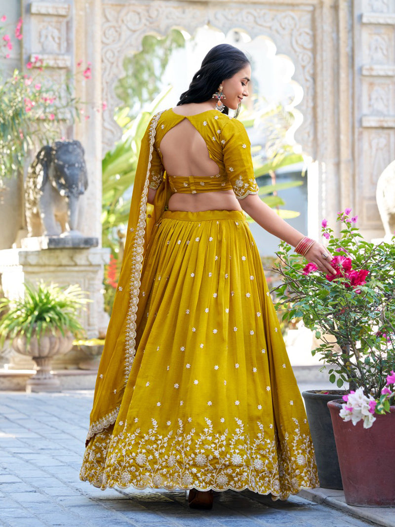 Art Silk Embroidery Work Lehenga Choli with Dupatta | Bridal Haldi Lehenga Choli for women