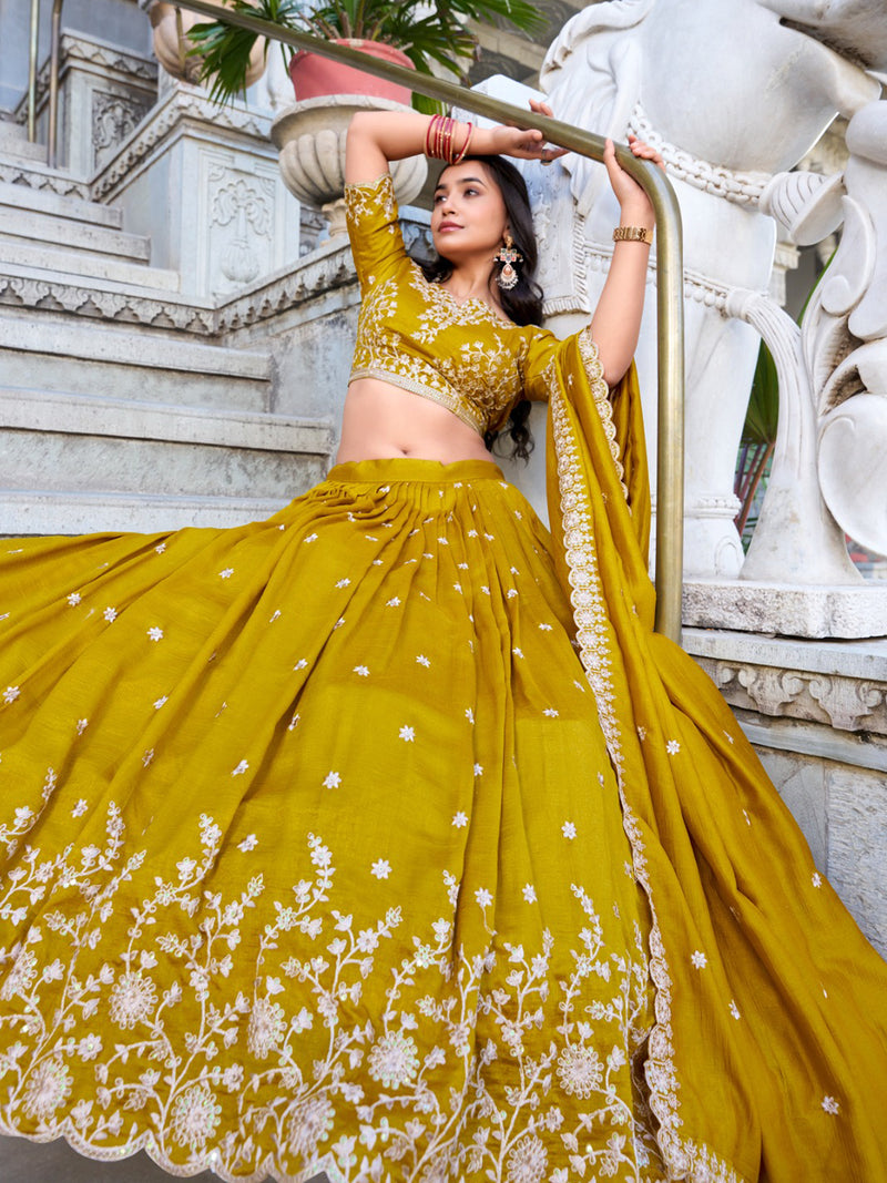 Art Silk Embroidery Work Lehenga Choli with Dupatta | Bridal Haldi Lehenga Choli for women