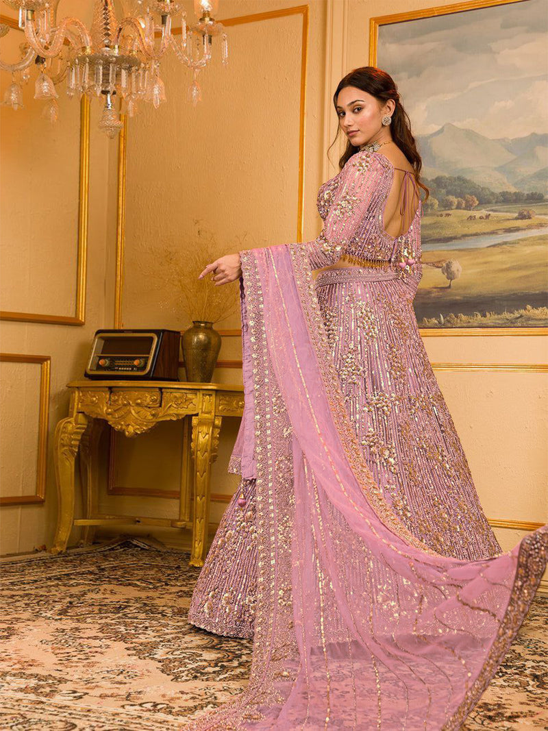 Light Pink Georgette Sequin Embroidery Lehenga Choli Dupatta Set ( SemiStitch )