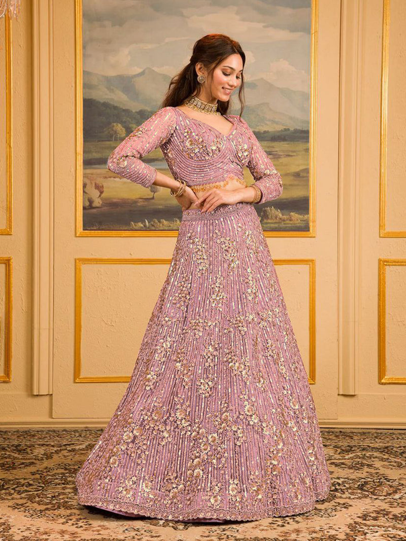 Light Pink Georgette Sequin Embroidery Lehenga Choli Dupatta Set ( SemiStitch )
