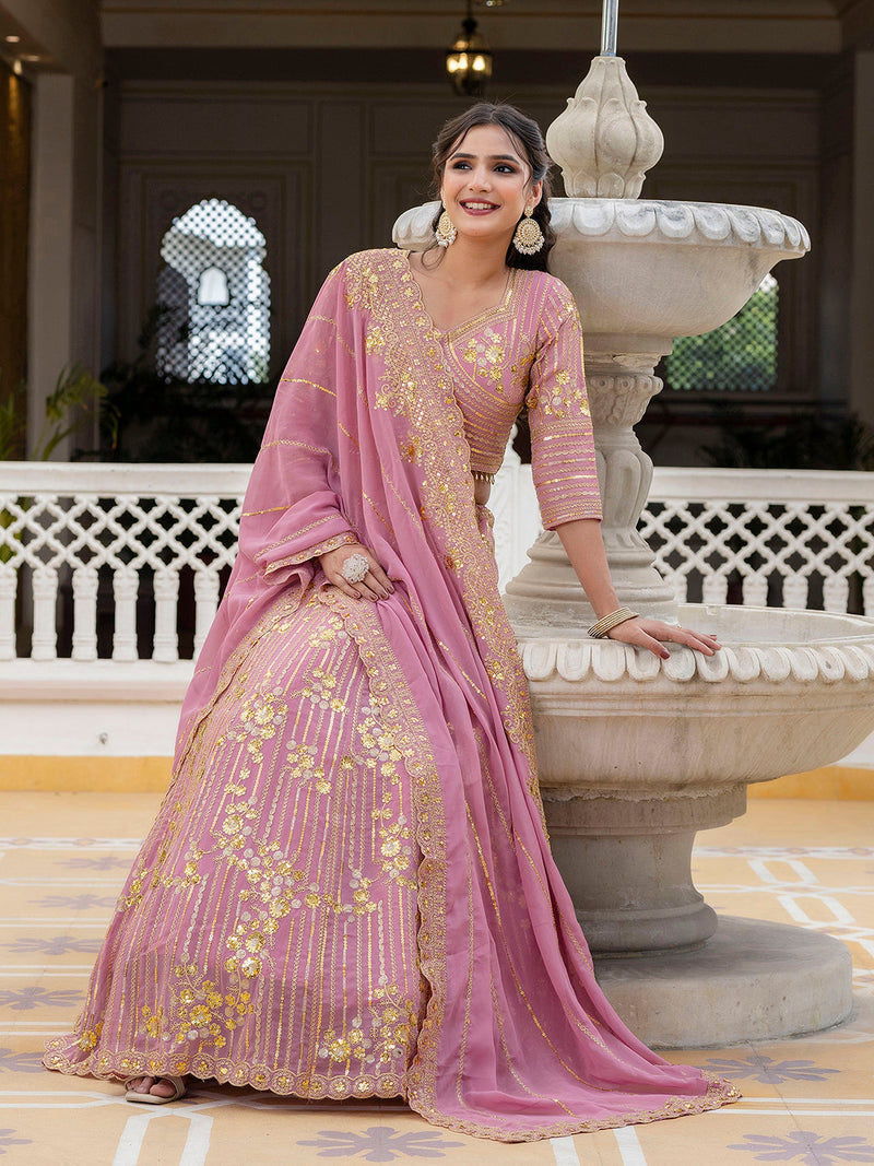 Light Pink Georgette Sequin Embroidery Lehenga Choli Dupatta Set ( SemiStitch ) Trendmalls