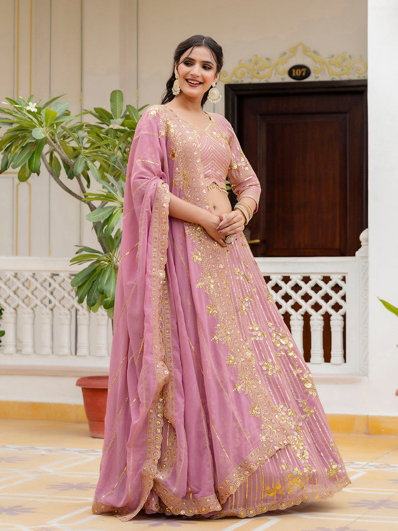 Light Pink Georgette Sequin Embroidery Lehenga Choli Dupatta Set ( SemiStitch ) Trendmalls