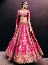 Pink Art Silk Semi Stitched Embroidery With Golden Sequin Work Lehenga Choli With Dupatta For Bridal