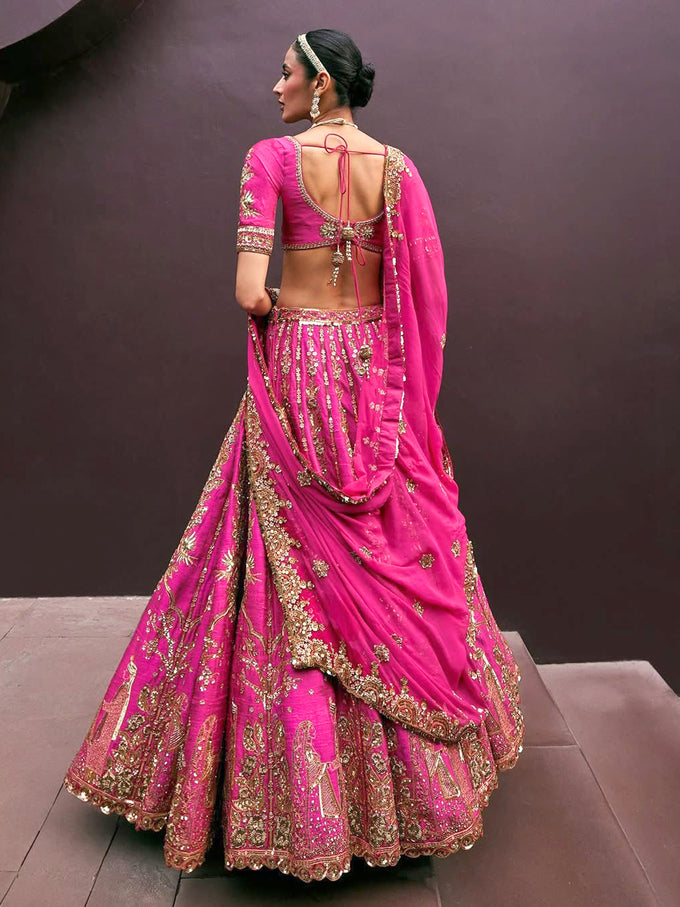 Pink Art Silk Semi Stitched Embroidery With Golden Sequin Work Lehenga Choli With Dupatta For Bridal Trendmalls