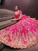 Pink Art Silk Semi Stitched Embroidery With Golden Sequin Work Lehenga Choli With Dupatta For Bridal