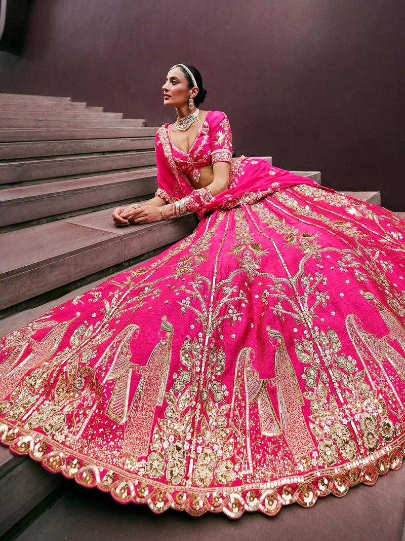 Pink Art Silk Semi Stitched Embroidery With Golden Sequin Work Lehenga Choli With Dupatta For Bridal