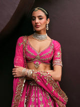 Pink Art Silk Semi Stitched Embroidery With Golden Sequin Work Lehenga Choli With Dupatta For Bridal