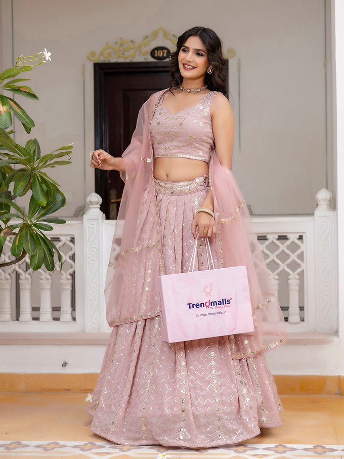 Light Pink Georgette Sequin Embroidery Work Lehenga Choli with Dupatta Trendmalls