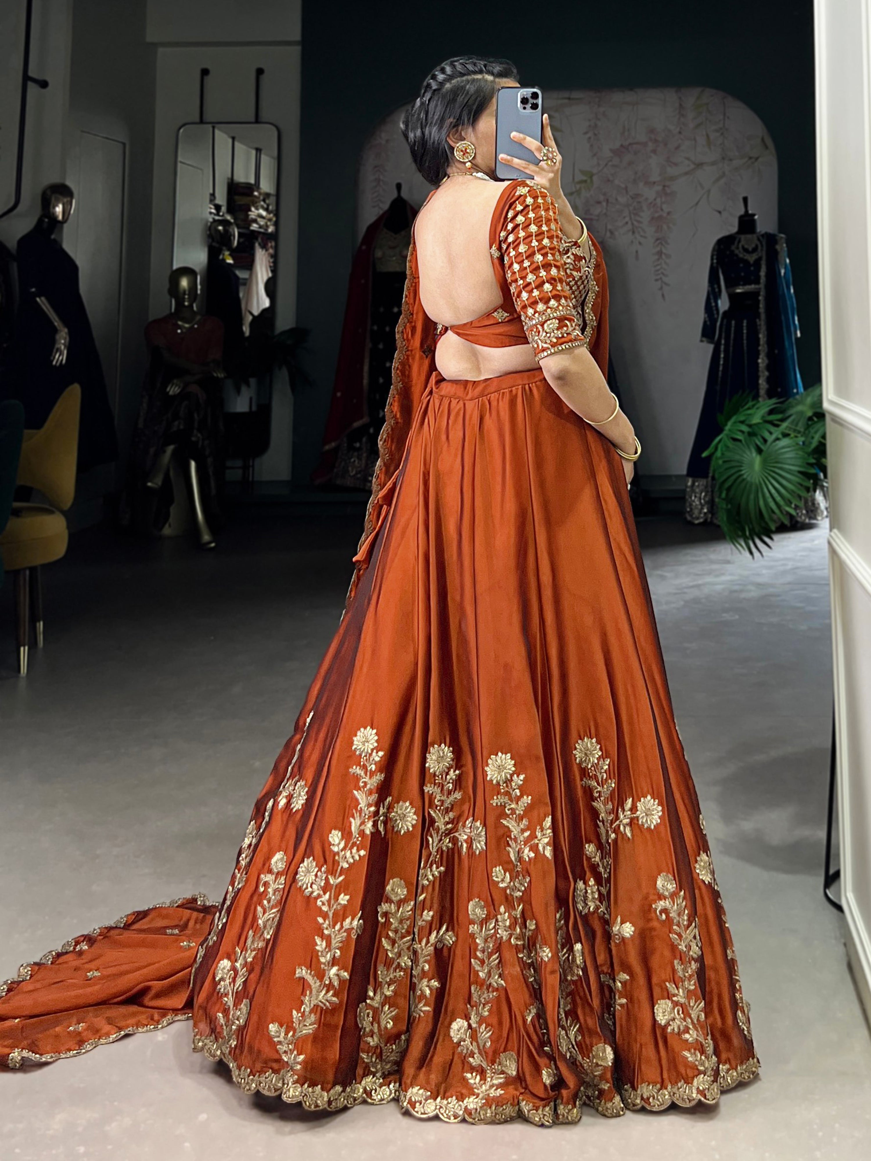 Orange Art Silk Semi Stitched Embroidery Work Lehenga Choli With Dupatta Trendmalls