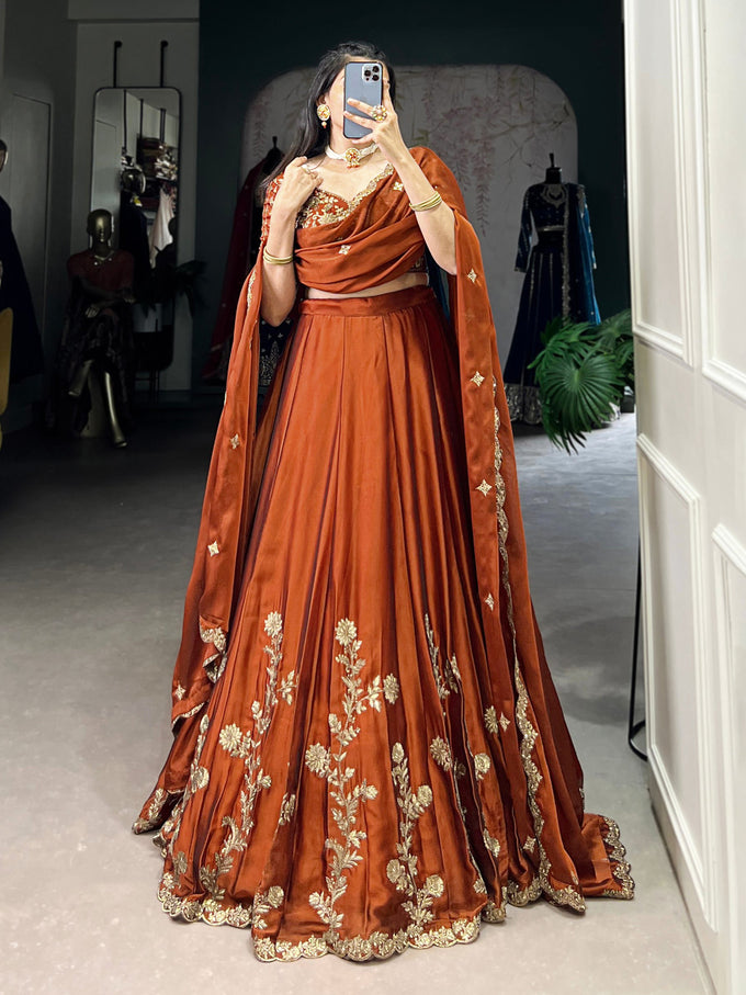 Orange Art Silk Semi Stitched Embroidery Work Lehenga Choli With Dupatta Trendmalls