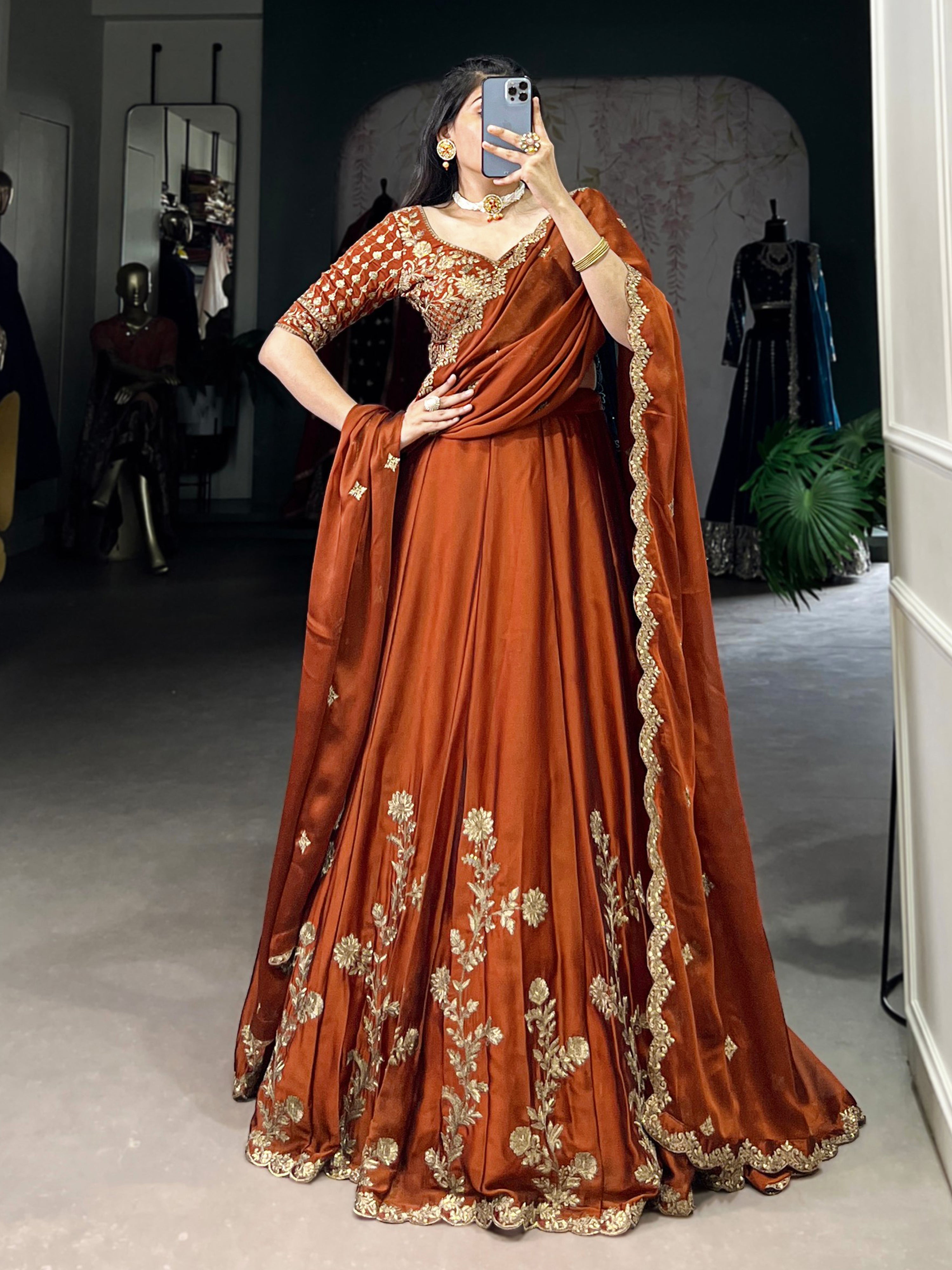 Orange Art Silk Semi Stitched Embroidery Work Lehenga Choli With Dupatta Trendmalls