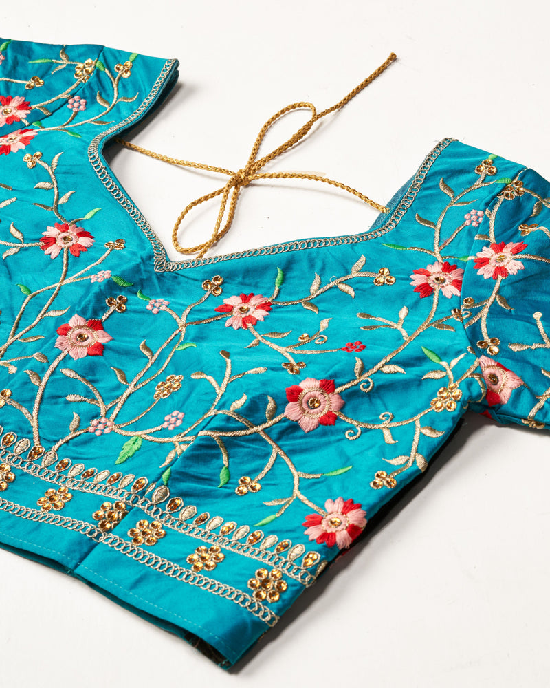 Turquoise Satin Embroidery Lehenga Choli With Dupatta For Women's