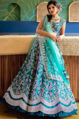 Turquoise Satin Embroidery Lehenga Choli With Dupatta For Women's