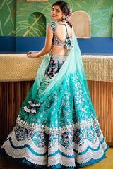 Turquoise Satin Embroidery Lehenga Choli With Dupatta For Women's