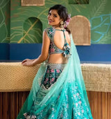 Turquoise Satin Embroidery Lehenga Choli With Dupatta For Women's