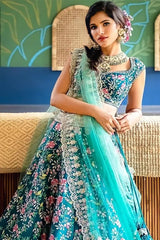 Turquoise Satin Embroidery Lehenga Choli With Dupatta For Women's