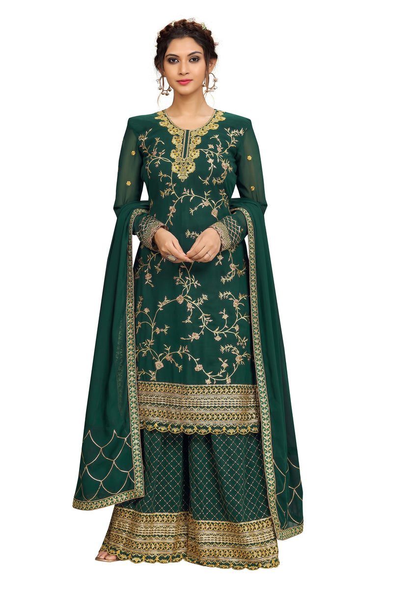 Georgette Embroidery Salwar Suit Set Kurta Sharara with Dupatta Green Kurta Set for Women
