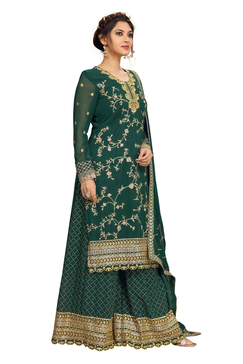 Georgette Embroidery Salwar Suit Set Kurta Sharara with Dupatta Green Kurta Set for Women