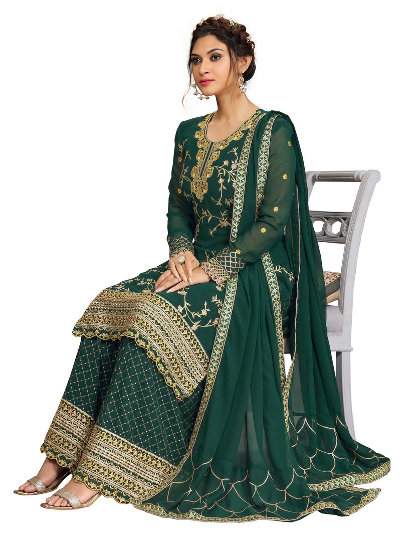 Georgette Embroidery Salwar Suit Set Kurta Sharara with Dupatta Green Kurta Set for Women