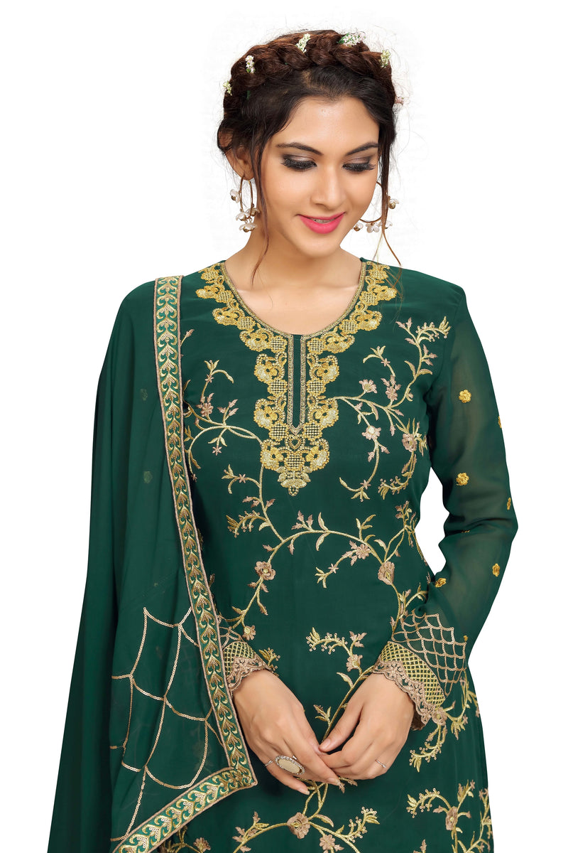 Georgette Embroidery Salwar Suit Set Kurta Sharara with Dupatta Green Kurta Set for Women