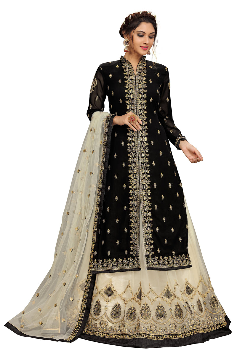 Black Georgette Net Embroidery Salwar Suit Set Kurta Lehenga with Dupatta For Women's