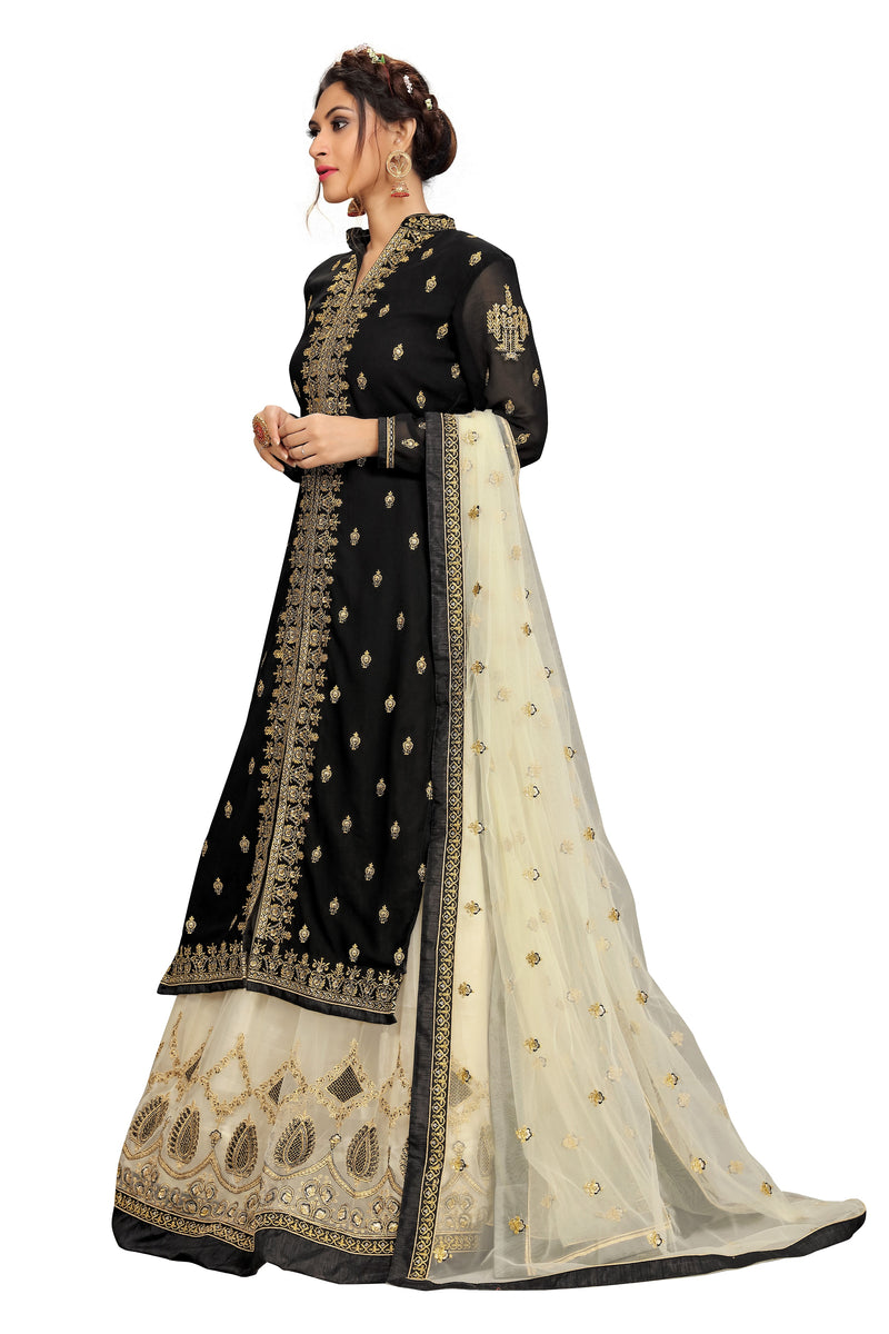 Black Georgette Net Embroidery Salwar Suit Set Kurta Lehenga with Dupatta For Women's