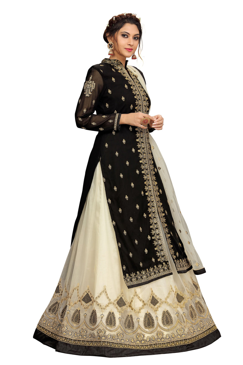 Black Georgette Net Embroidery Salwar Suit Set Kurta Lehenga with Dupatta For Women's