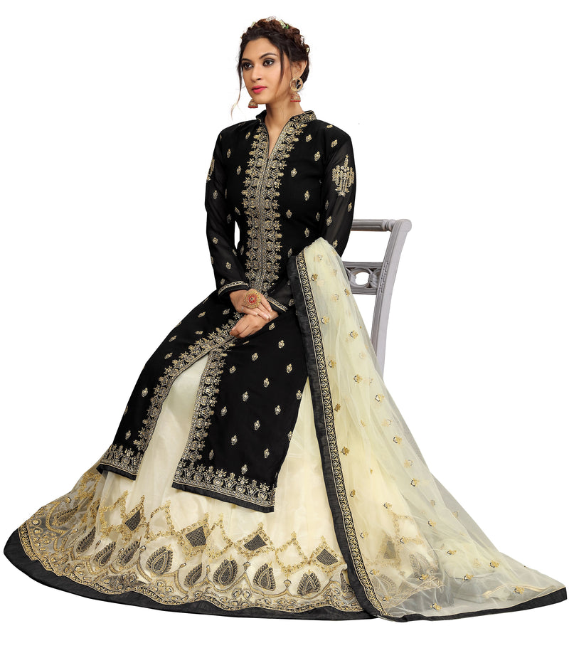 Black Georgette Net Embroidery Salwar Suit Set Kurta Lehenga with Dupatta For Women's