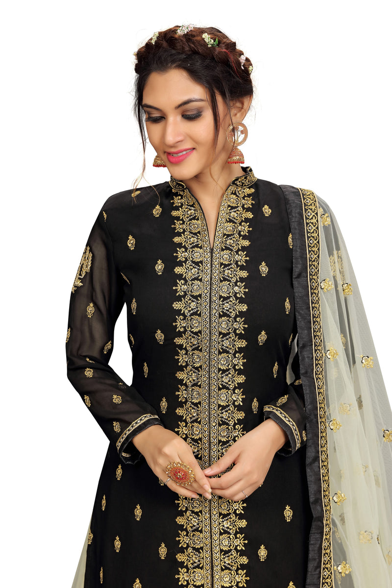 Black Georgette Net Embroidery Salwar Suit Set Kurta Lehenga with Dupatta For Women's