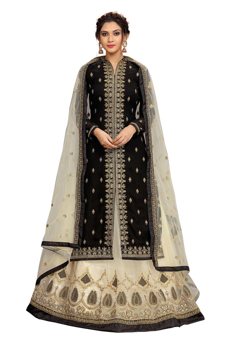 Black Georgette Net Embroidery Salwar Suit Set Kurta Lehenga with Dupatta For Women's