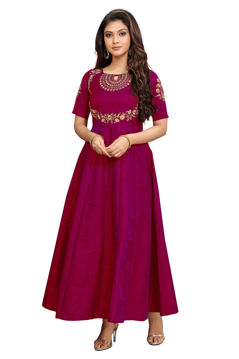 Leeva Silk Embroidery Anarkali Kurti Claf-Long Short Sleeve Kurti for Woman