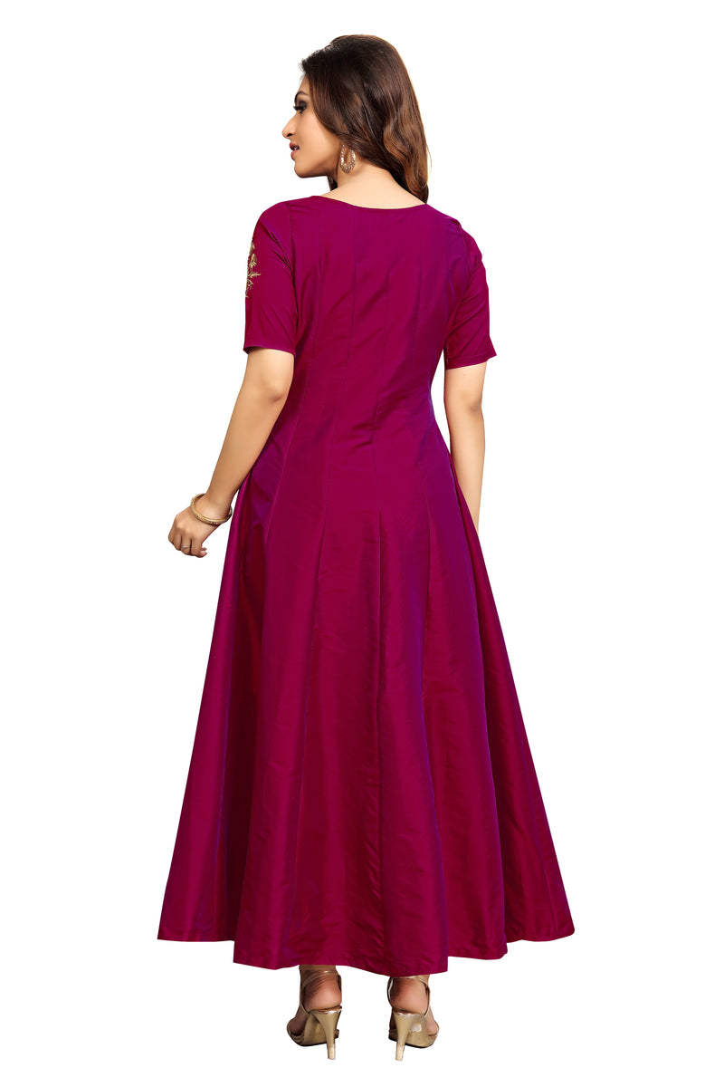 Leeva Silk Embroidery Anarkali Kurti Claf-Long Short Sleeve Kurti for Woman