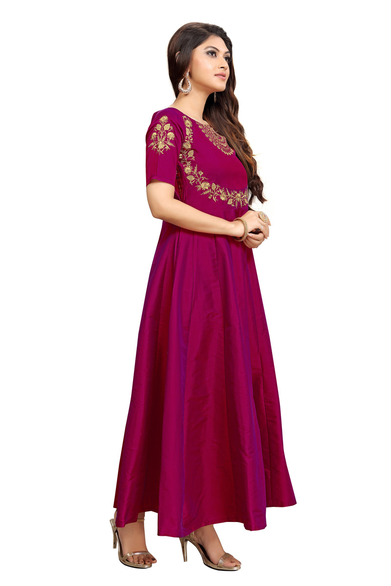 Leeva Silk Embroidery Anarkali Kurti Claf-Long Short Sleeve Kurti for Woman