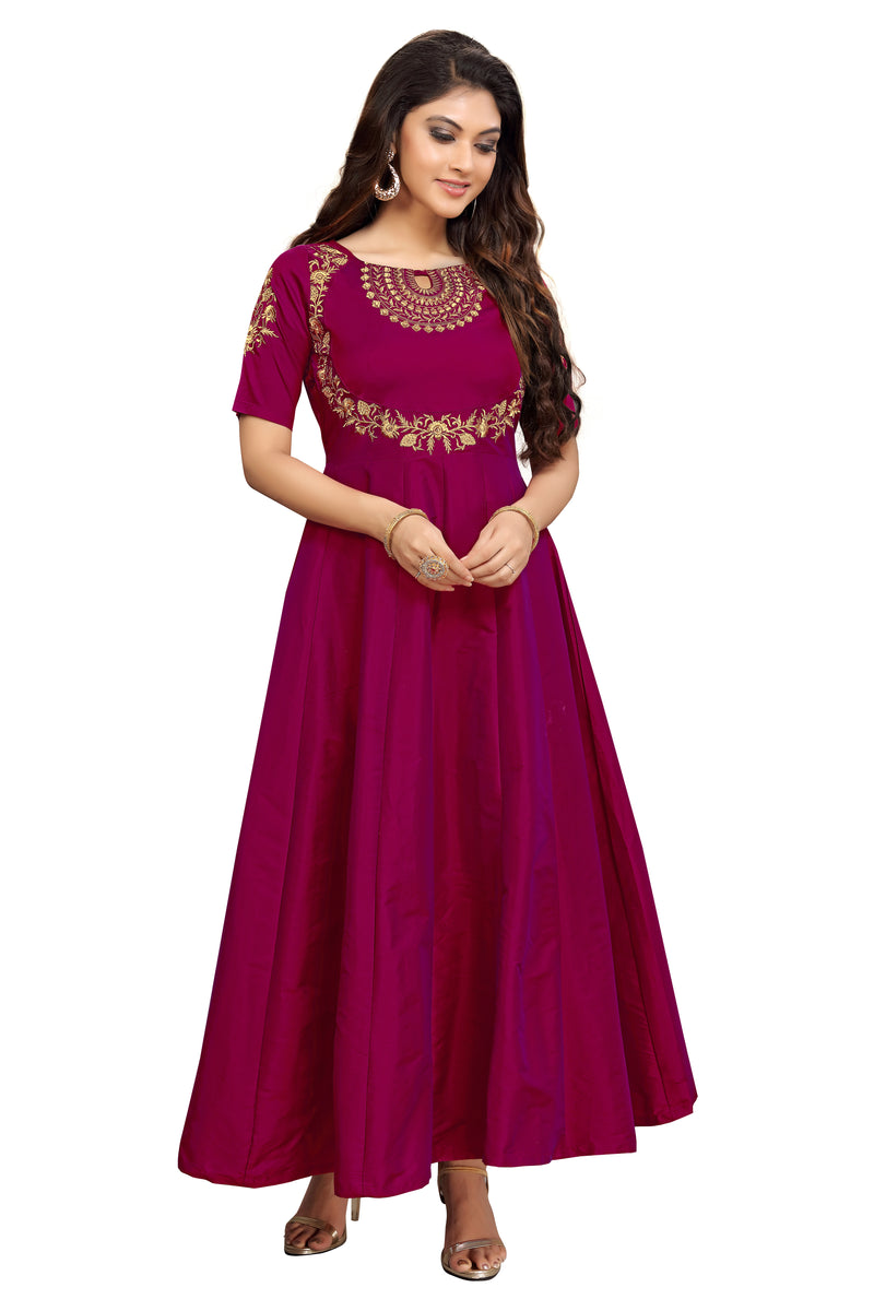 Leeva Silk Embroidery Anarkali Kurti Claf-Long Short Sleeve Kurti for Woman