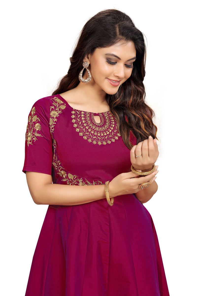 Leeva Silk Embroidery Anarkali Kurti Claf-Long Short Sleeve Kurti for Woman