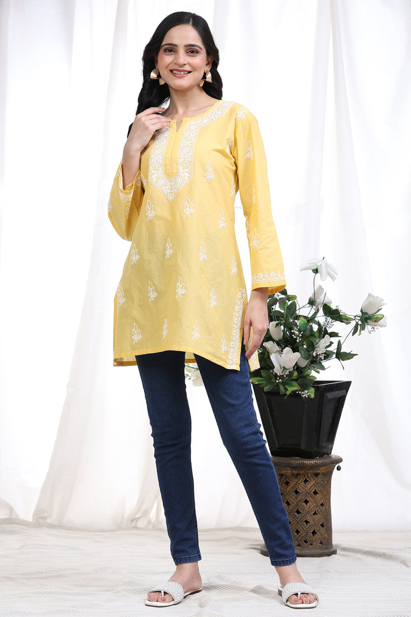 Cotton Embroidery Lucknowi Chikankari Kurta - Long Sleeve Straight Short Kurta for Women