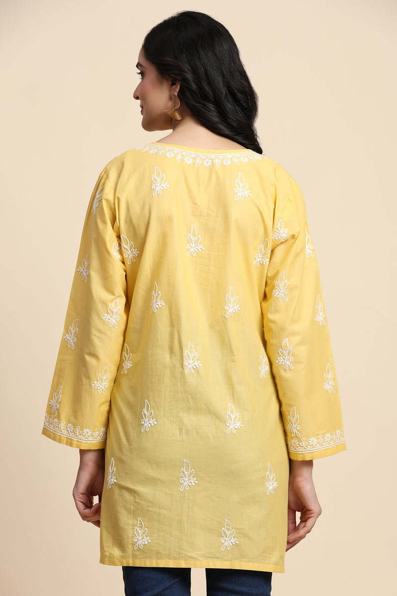 Cotton Embroidery Lucknowi Chikankari Kurta - Long Sleeve Straight Short Kurta for Women