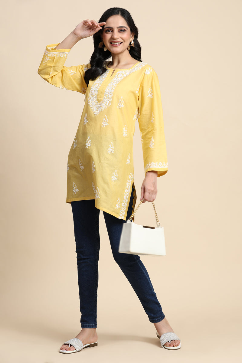 Cotton Embroidery Lucknowi Chikankari Kurta - Long Sleeve Straight Short Kurta for Women