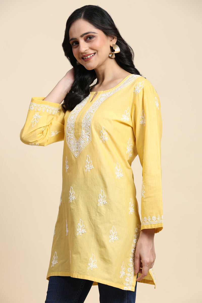 Cotton Embroidery Lucknowi Chikankari Kurta - Long Sleeve Straight Short Kurta for Women