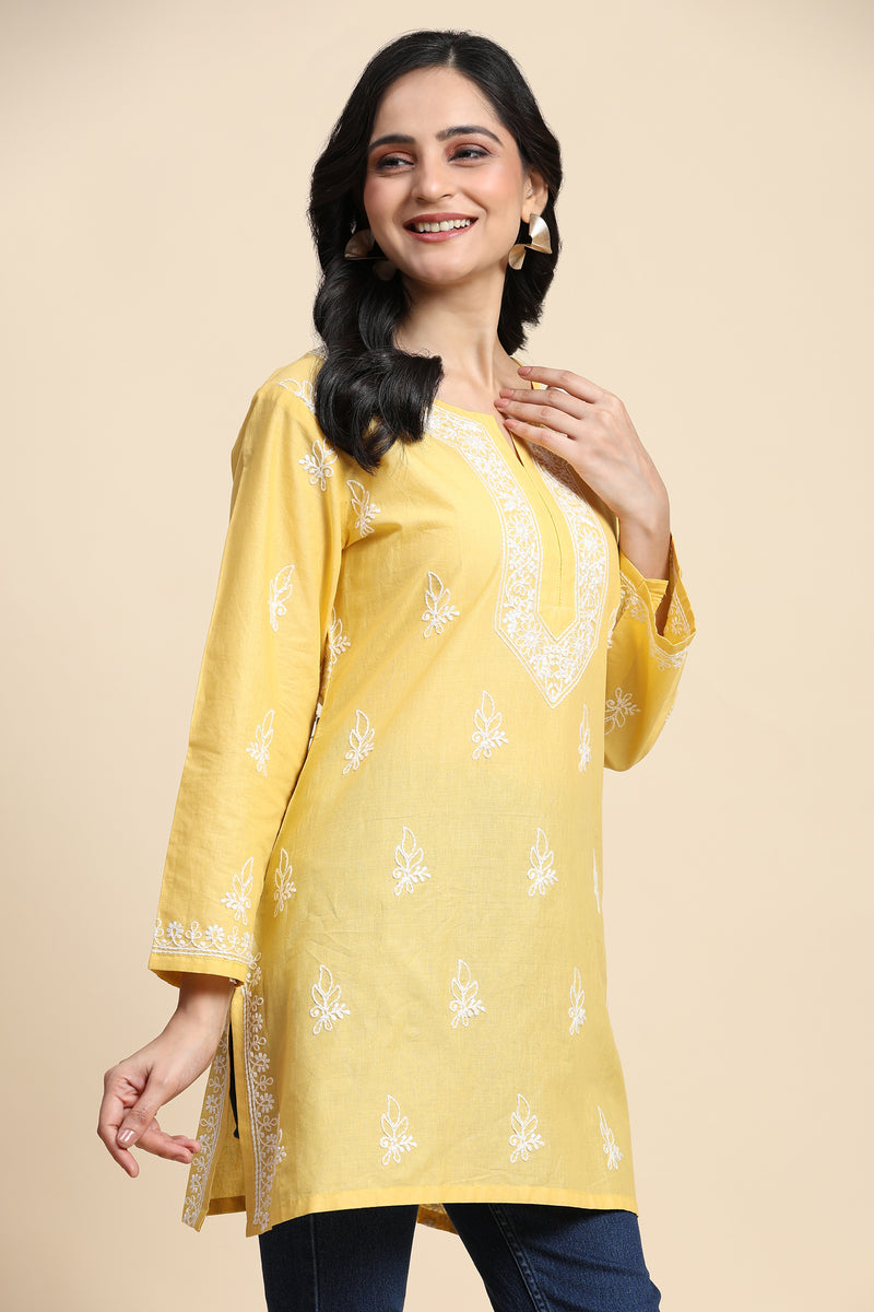 Cotton Embroidery Lucknowi Chikankari Kurta - Long Sleeve Straight Short Kurta for Women