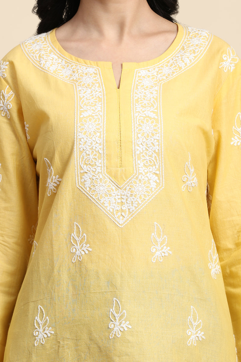 Cotton Embroidery Lucknowi Chikankari Kurta - Long Sleeve Straight Short Kurta for Women